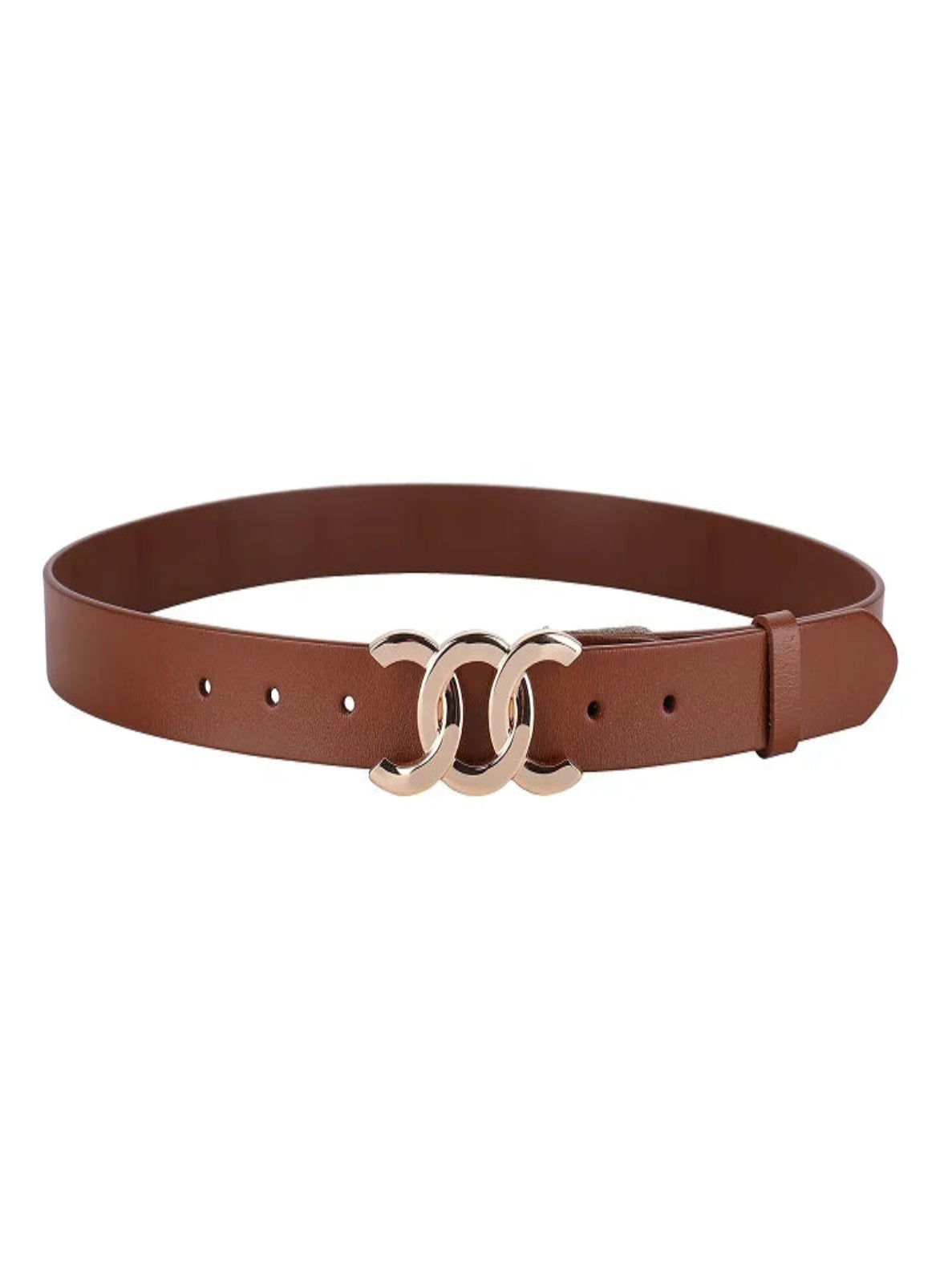 Brown belt with gold triple ring buckle on a white background