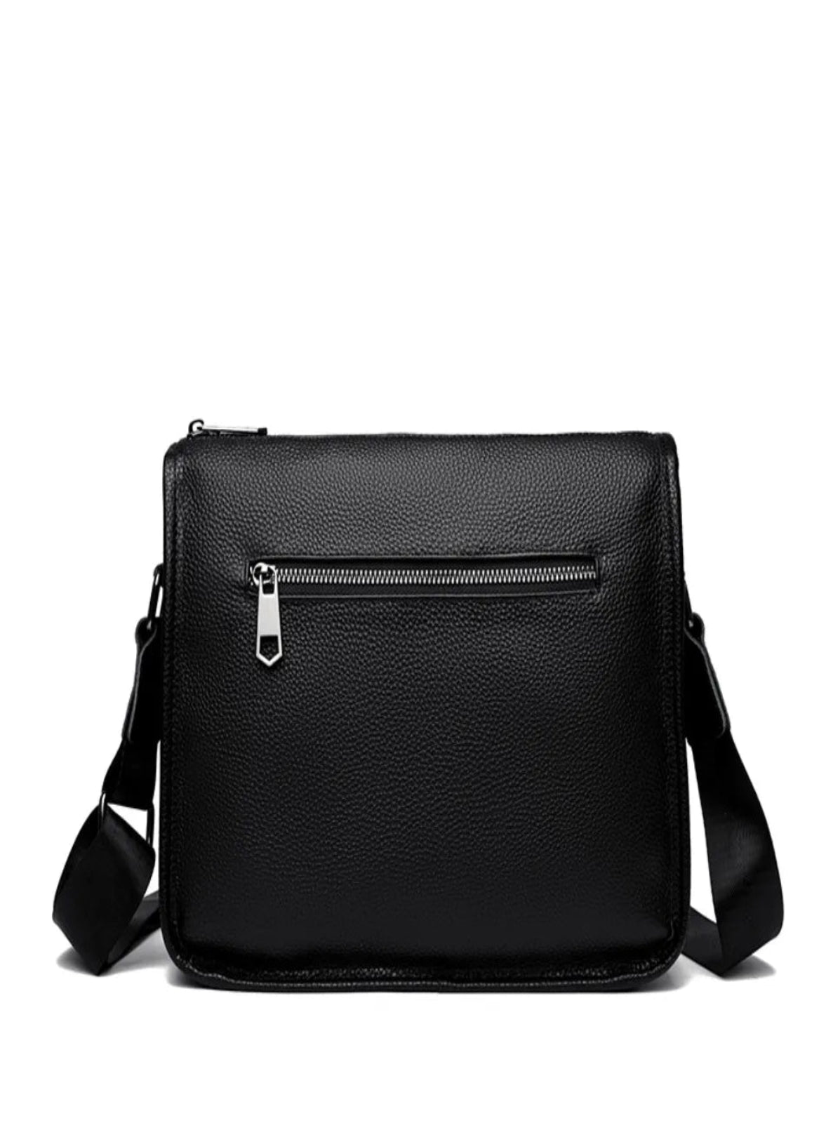 Black leather crossbody bag with a zipper on a white background