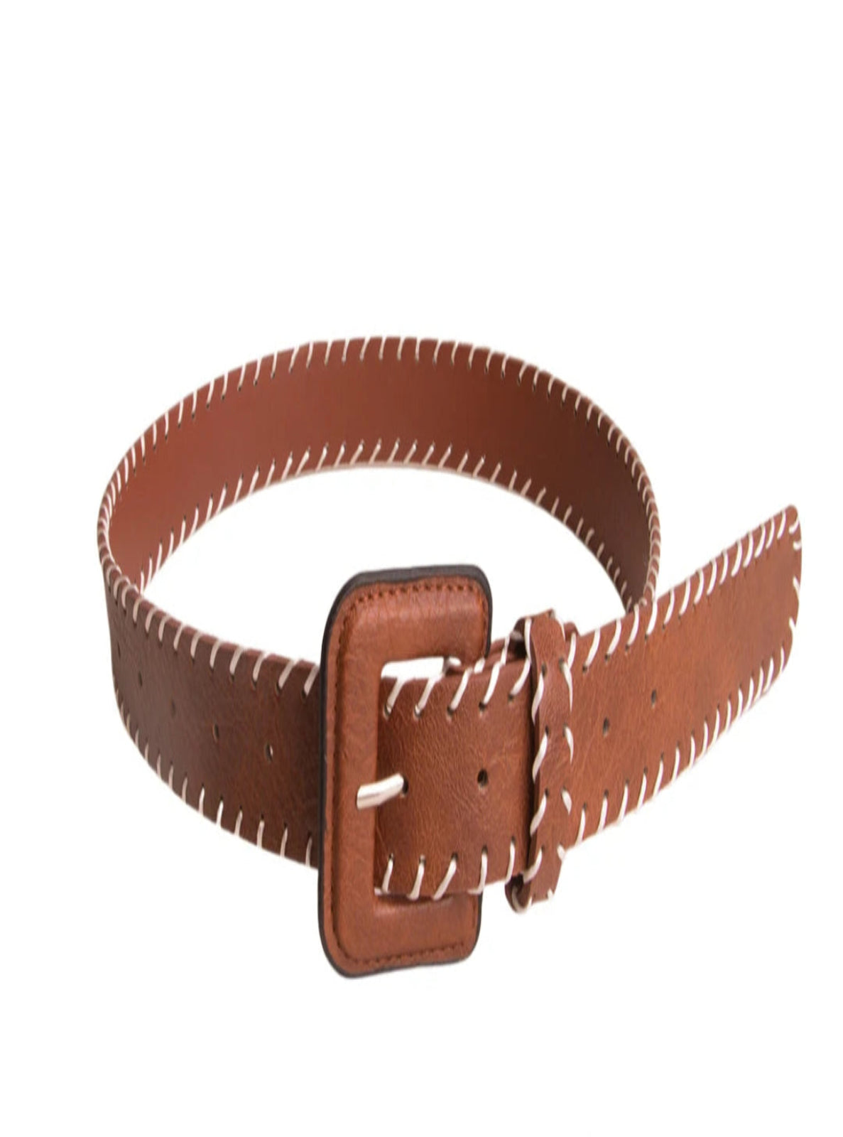 Brown leather belt with white stitching on a white background