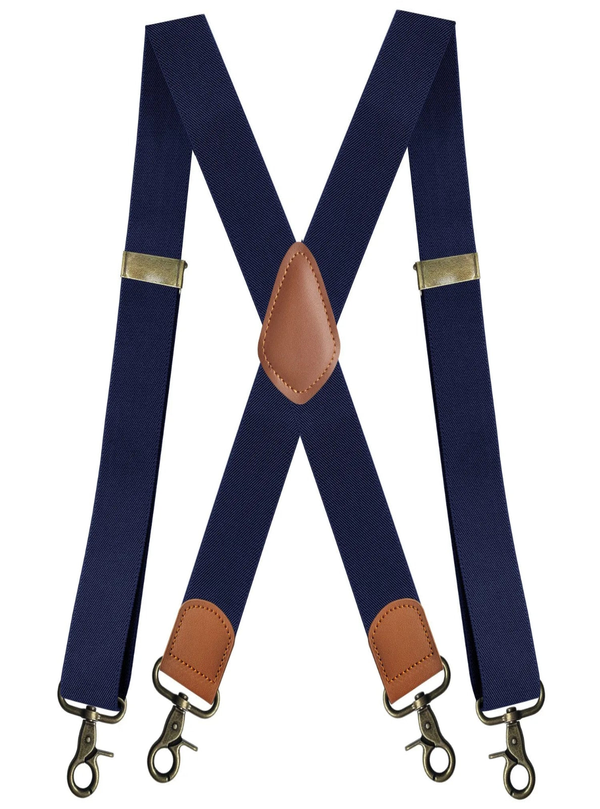 Navy blue suspenders with brown leather accents on a white background