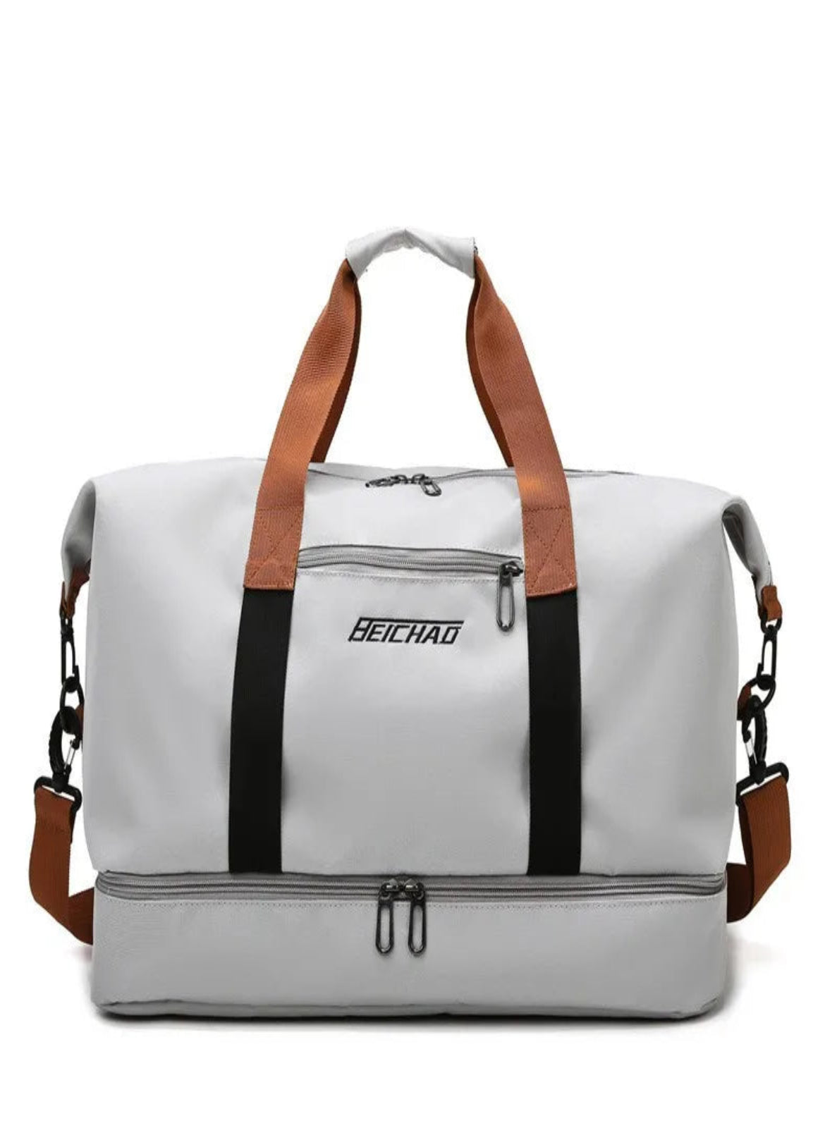 Gray crossbody bag with brown straps and black accents on a white background