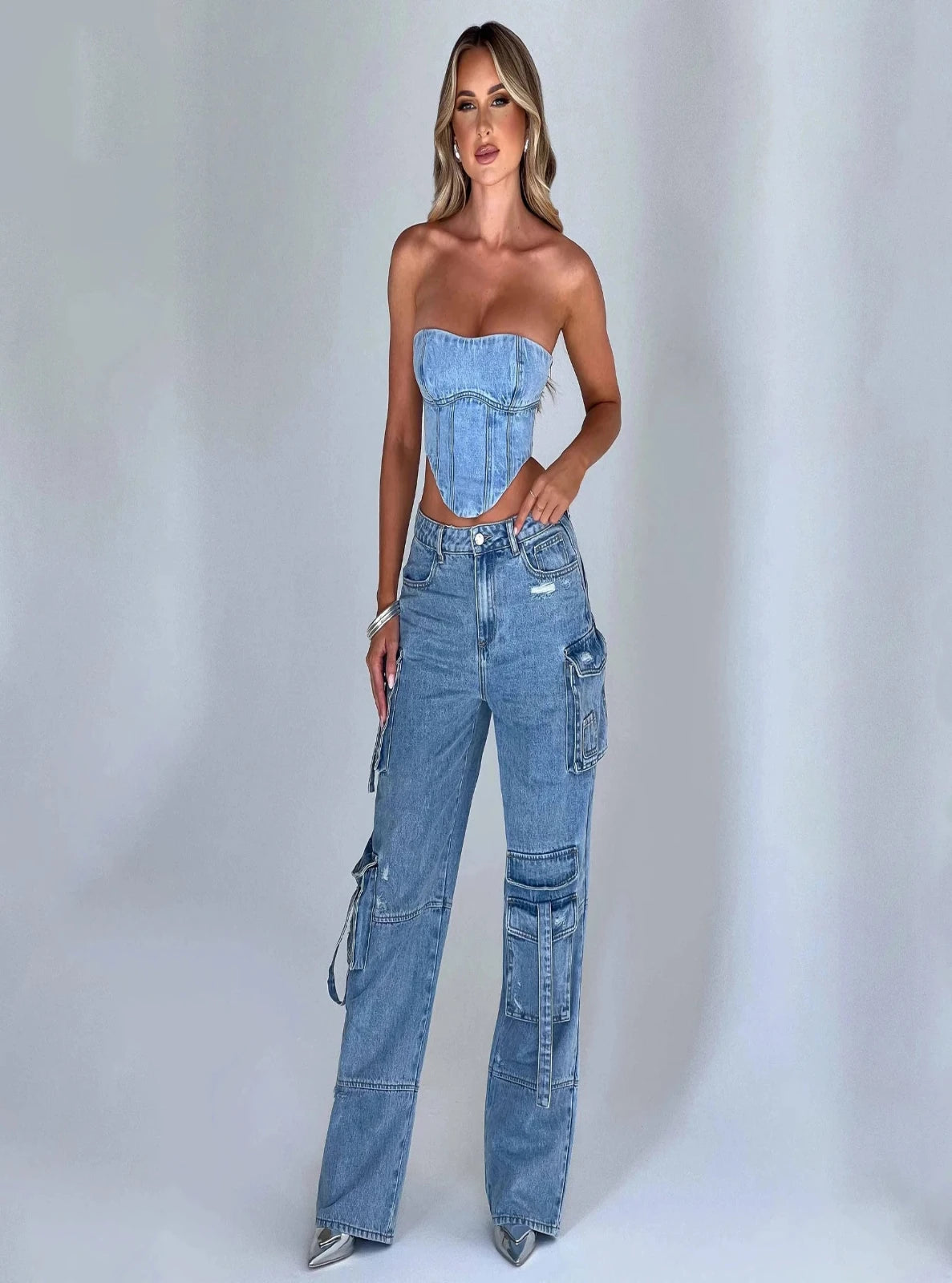 Wide-leg Denim Cargo Pants