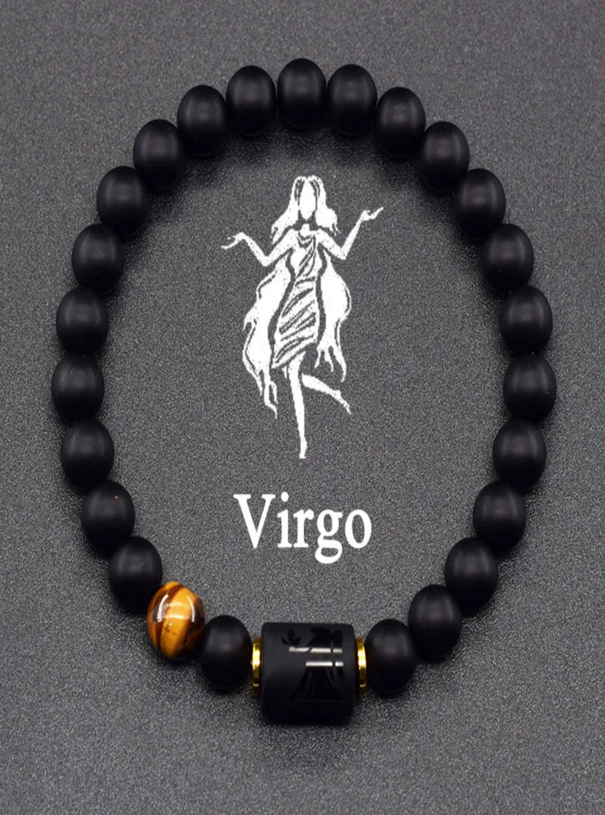 Black beaded bracelet with a Tiger Eye bead and gold accent on a gray background with Virgo illustration.