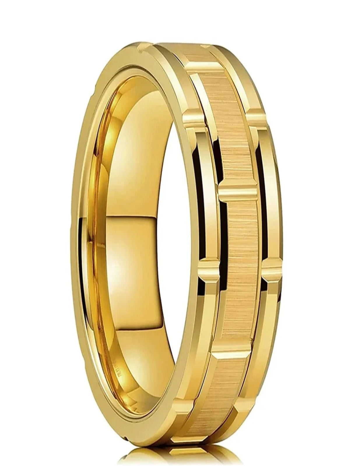 Gold ring with a reflective surface on a white background