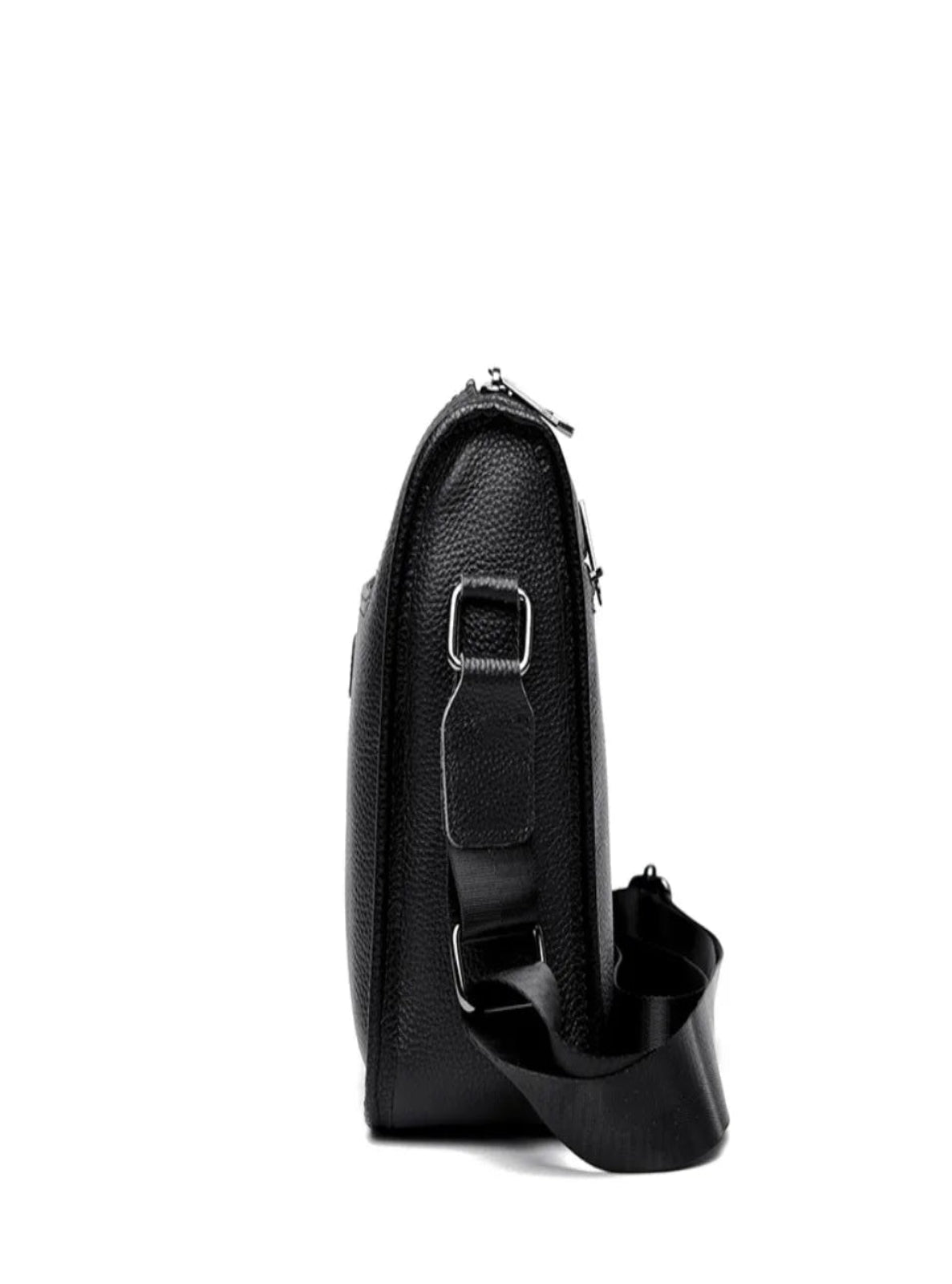 Black leather shoulder bag on a white background
