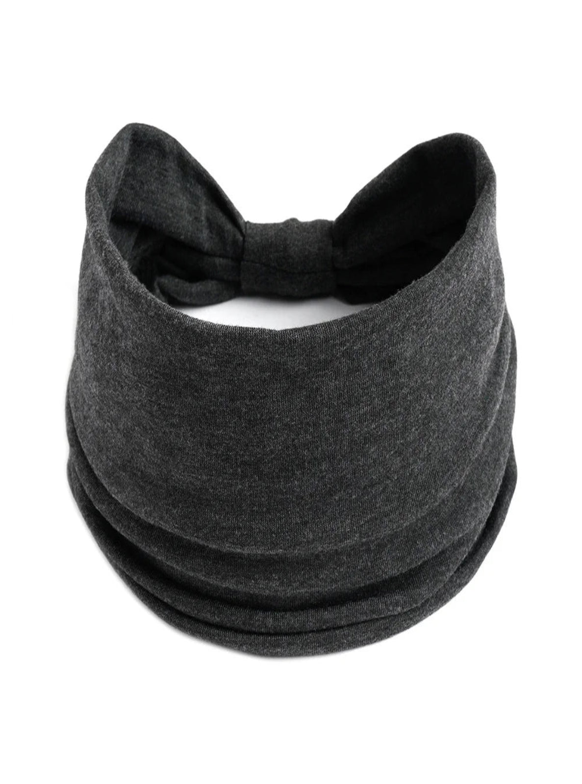 Dark gray knit headband with a bow on a white background