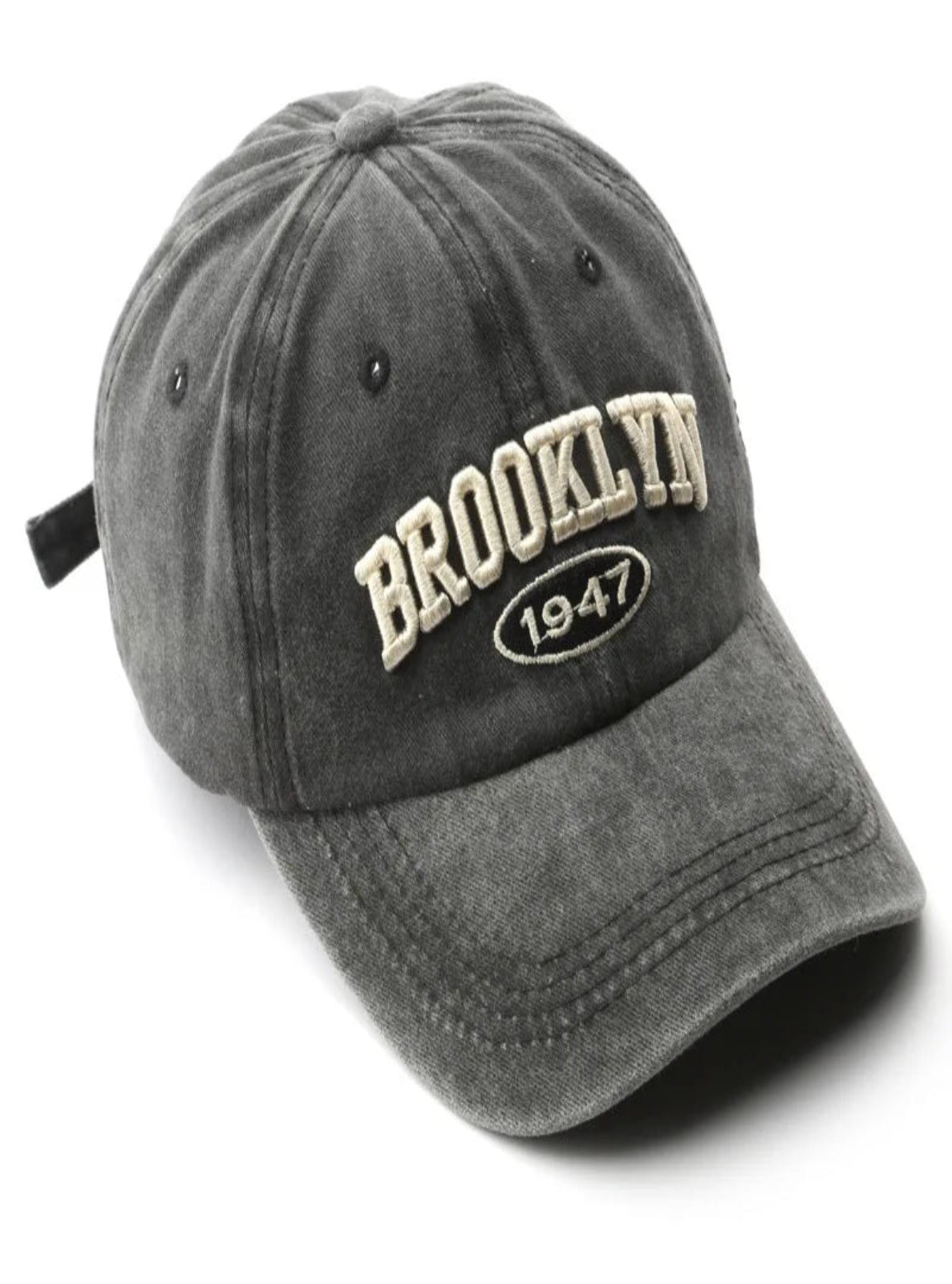 Gray cap with 'Brooklyn 1947' embroidery on a white background