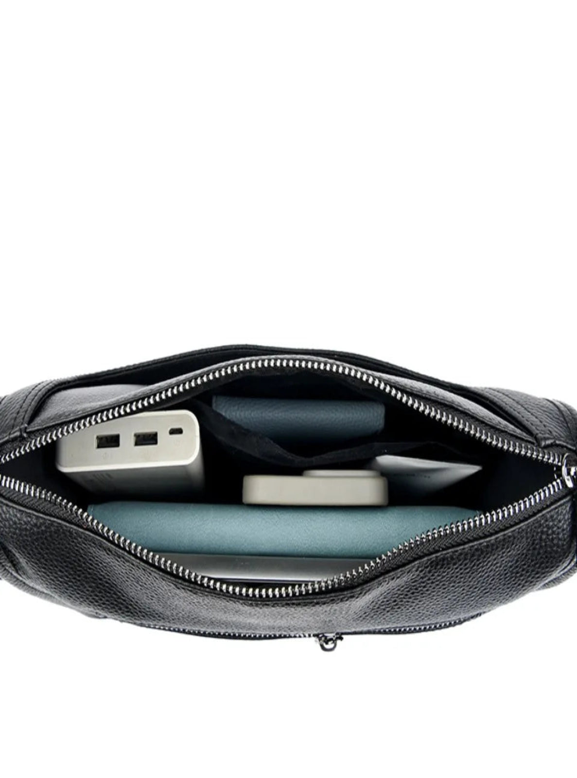 Black leather pouch with compartments containing electronic devices on a white background