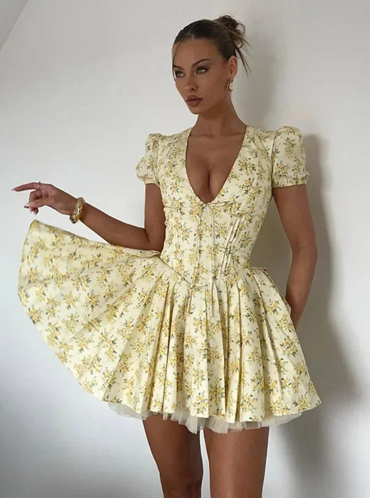 Pleated Floral Mini Dress