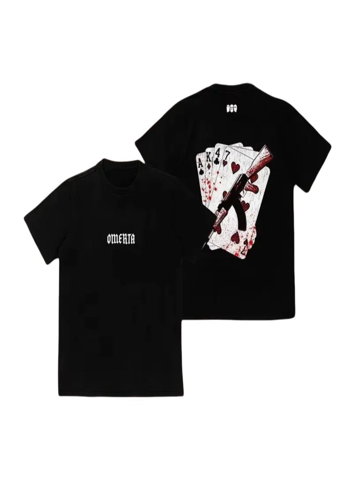 Black t-shirt with graphic design and text on a white background