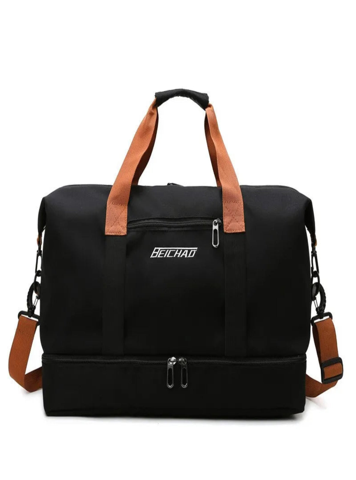 Black Crossbody bag with brown straps on a white background