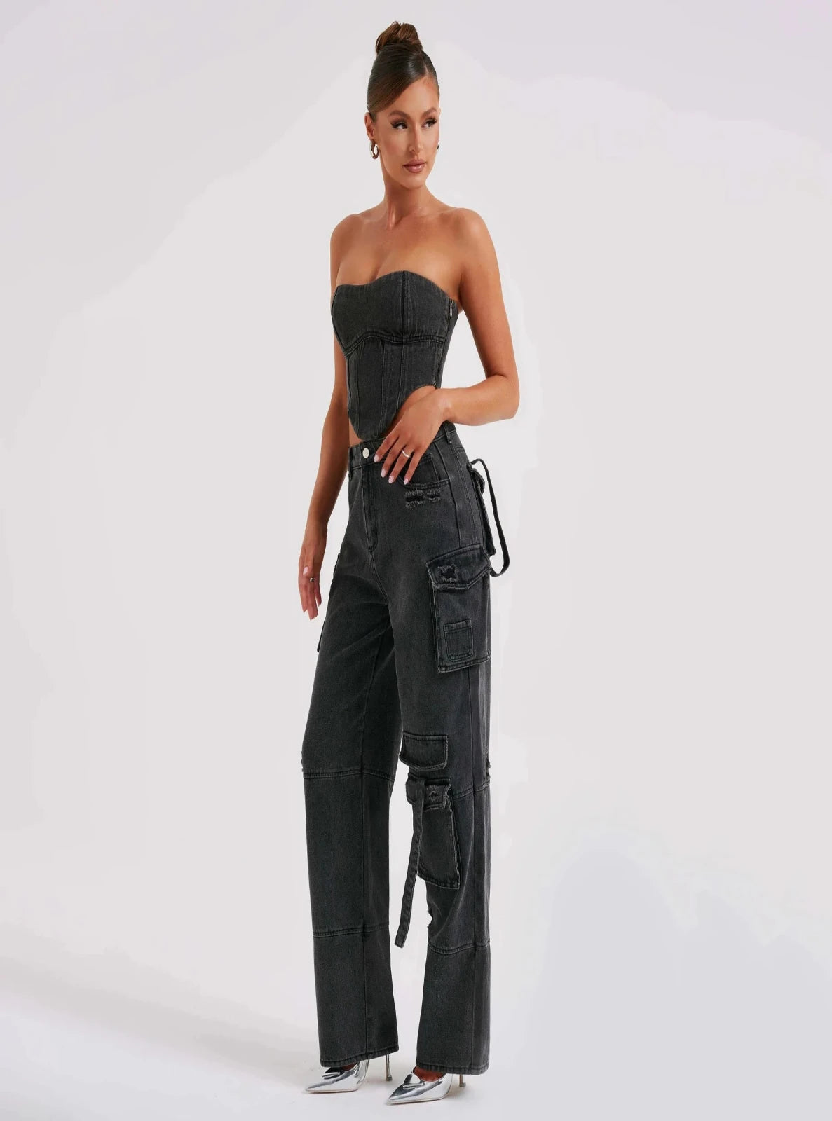 Wide-leg Denim Cargo Pants