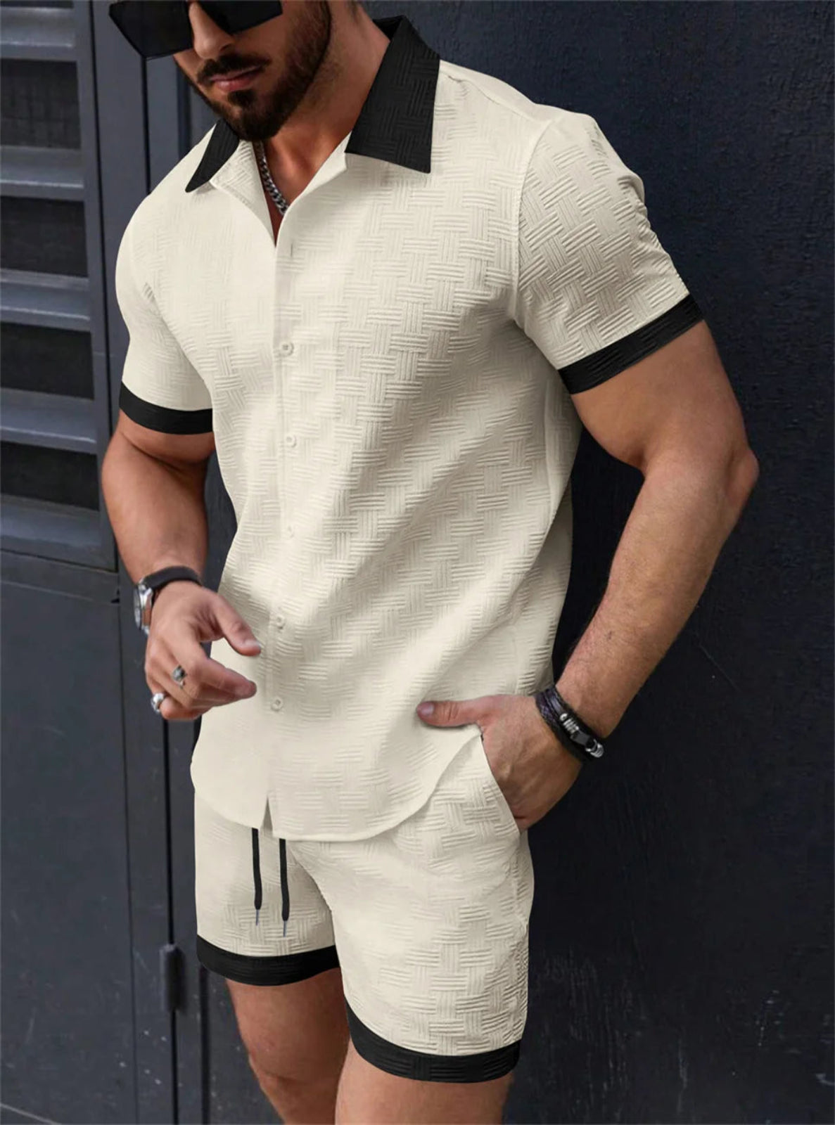 2-Piece Regular Fit Jacquard-Knit Shirt & Shorts