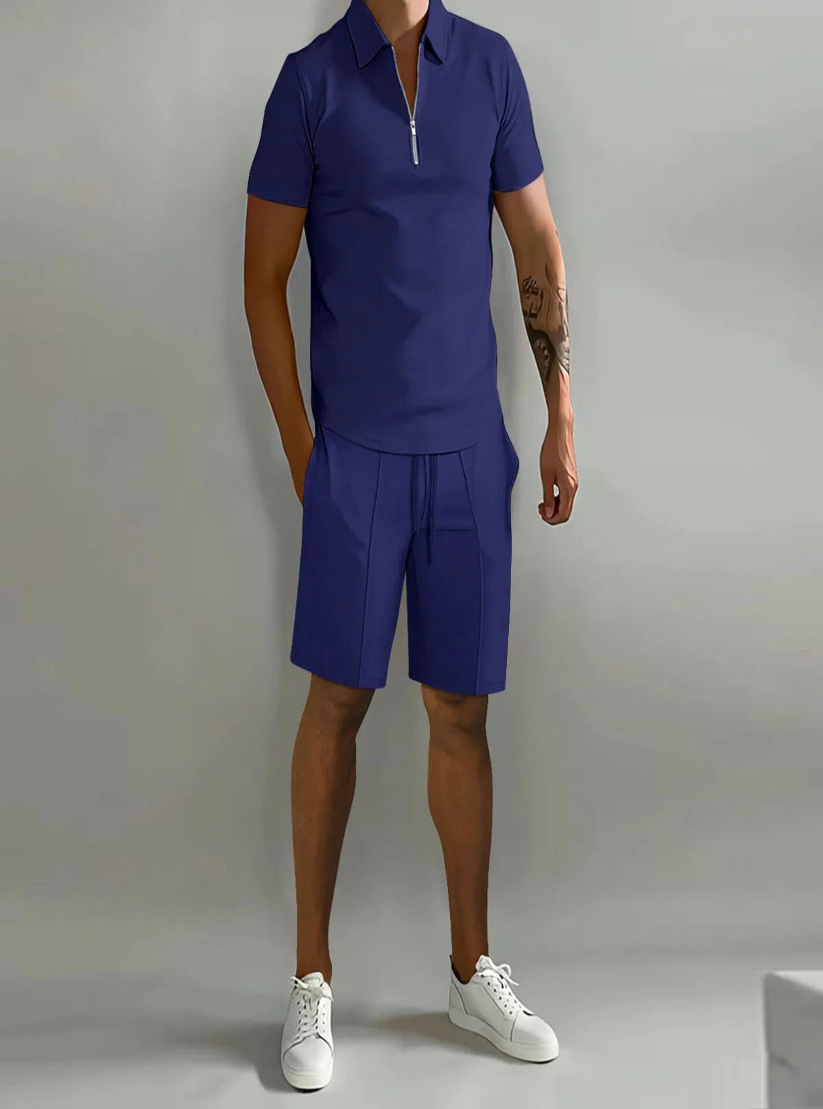 2-piece Half-zip Polo Shirt and Regular Fit Shorts Set