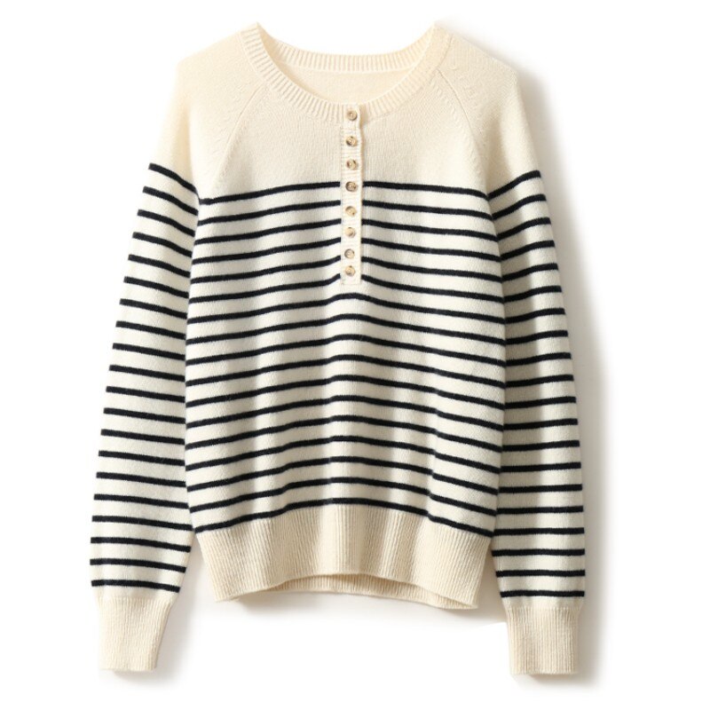 French Half Open Striped Wool Sweater