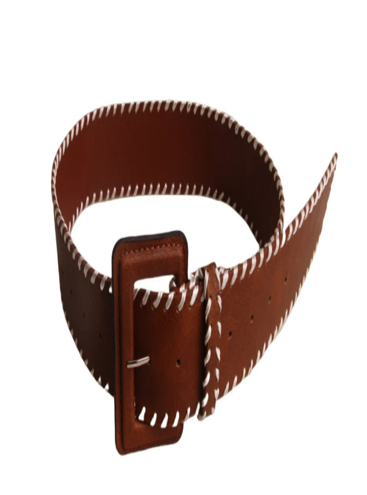 Brown belt with white stitching on a white background