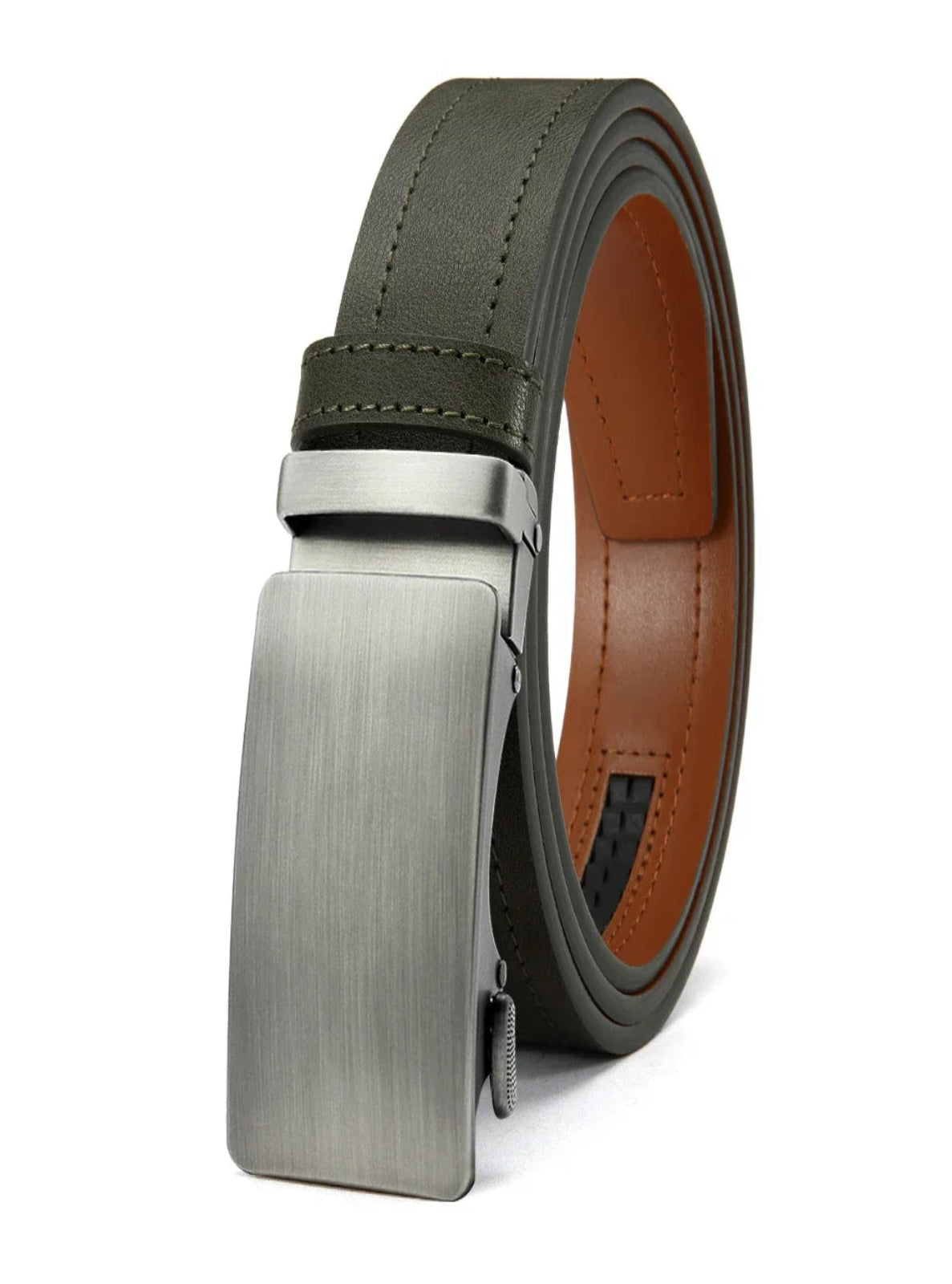 Black leather belt with a silver buckle on a white background