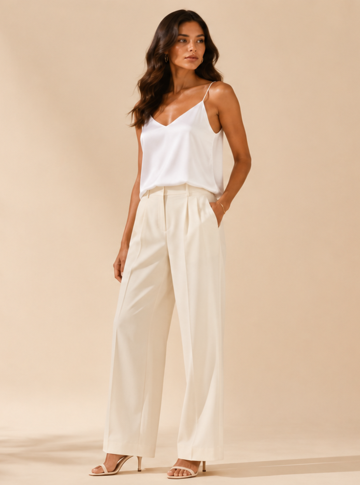 A woman modeling a white sleeveless camisole top and matching white wide-leg trousers, standing against a warm beige studio backdrop with palm leaf shadows.