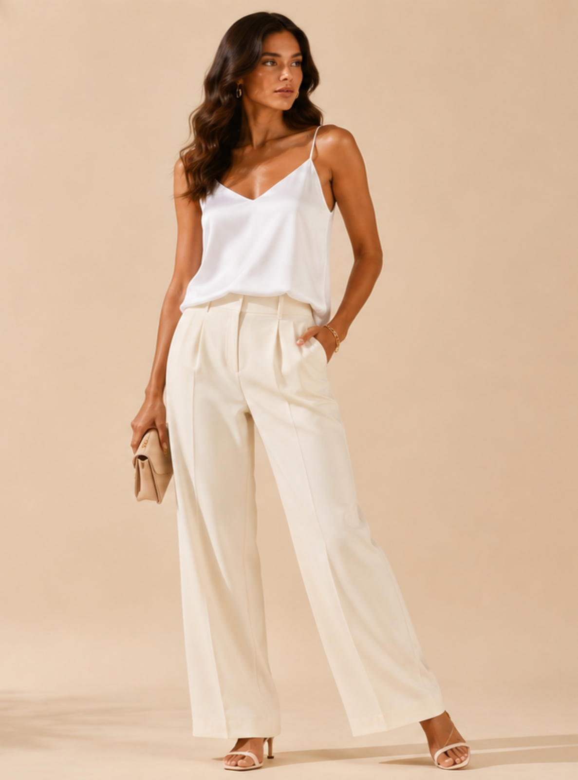 A woman models a white sleeveless camisole top and matching white wide-leg trousers, standing against a warm beige backdrop with palm leaf shadows.