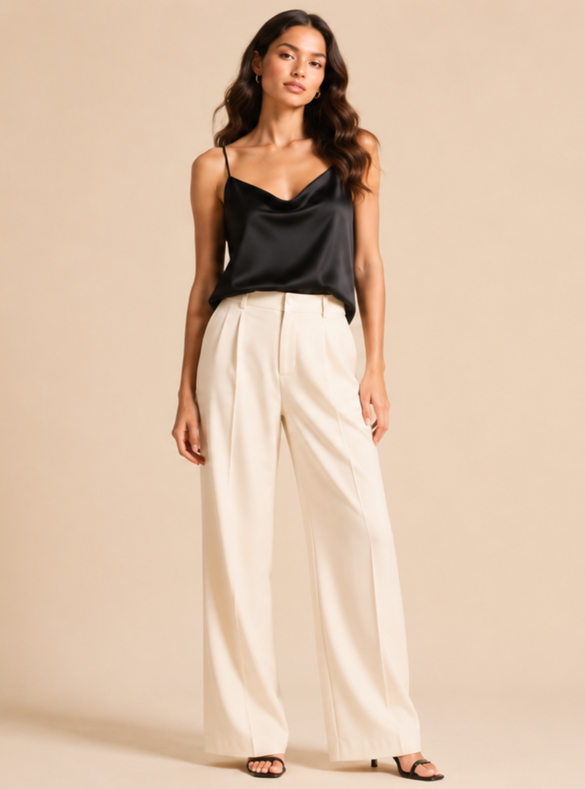 A woman modeling a black satin spaghetti-strap camisole top and high-waisted off-white wide-leg trousers against a solid beige studio background.