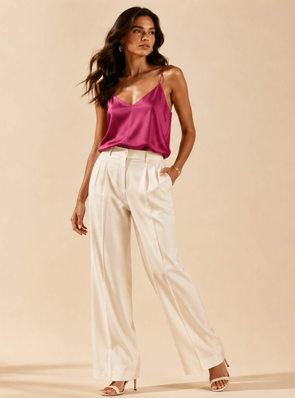 A woman stands in a studio wearing a bright pink satin camisole top and high-waisted white wide-leg trousers, posed against a warm beige backdrop with palm leaf shadows.