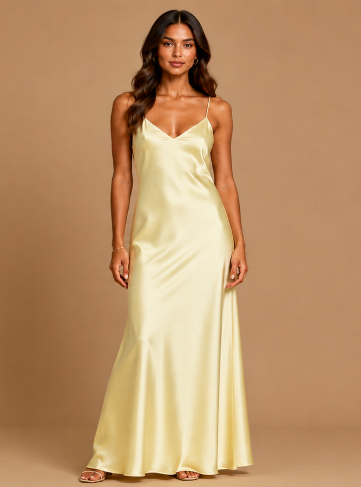 A woman modeling a floor-length satin slip dress in pale yellow against a solid warm beige studio backdrop.