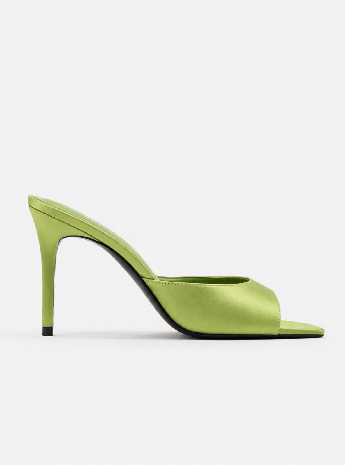 A lime green satin mule high-heel shoe with a pointed toe, displayed in a side profile view against a plain white background.