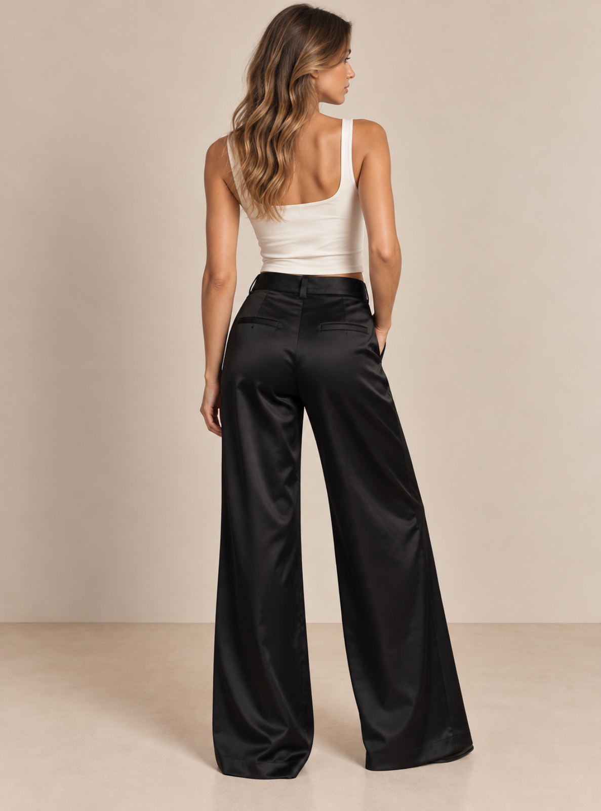 A woman shown from the back wearing black wide-leg satin pants and a white sleeveless top, standing against a plain beige studio backdrop.