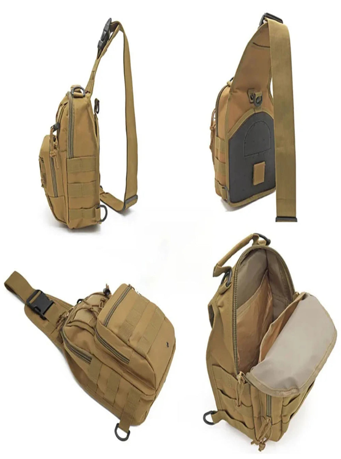 Tan sling bag shown from multiple angles on a white background