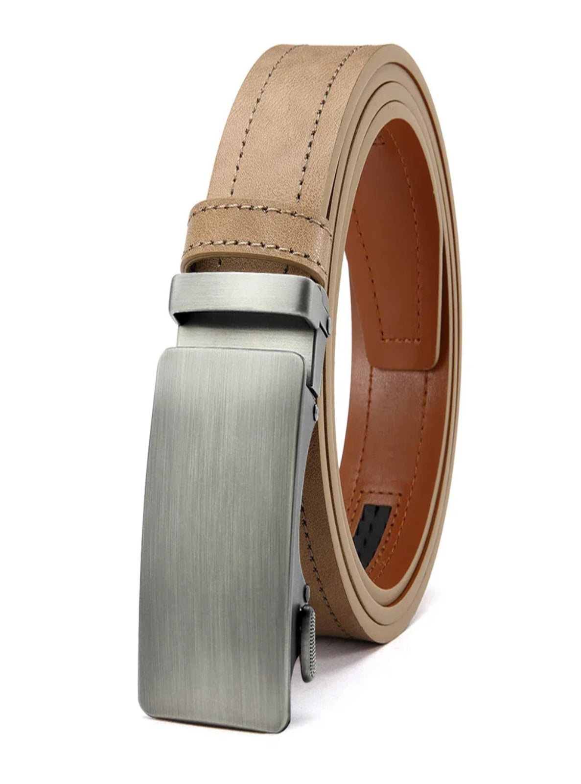 Tan leather belt with silver buckle on a white background