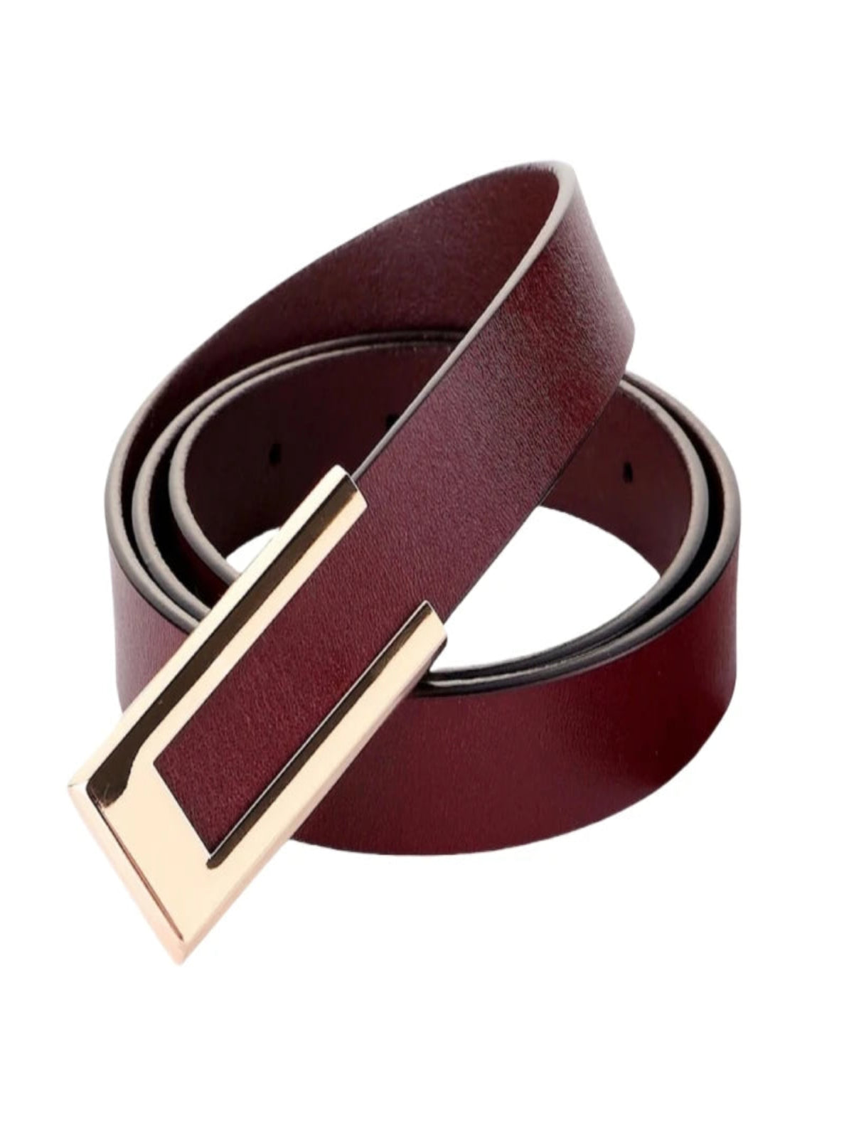 Burgundy leather belt with a gold buckle on a white background