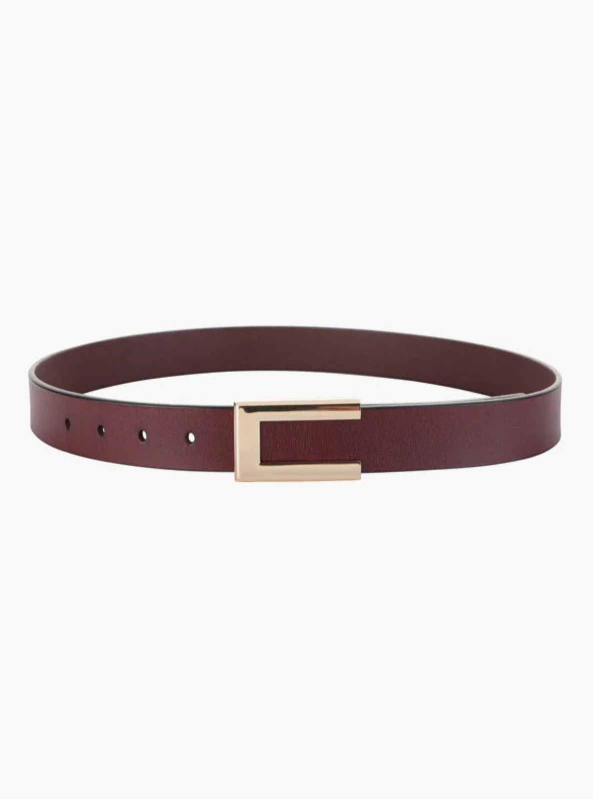Burgundy belt with a gold buckle on a white background