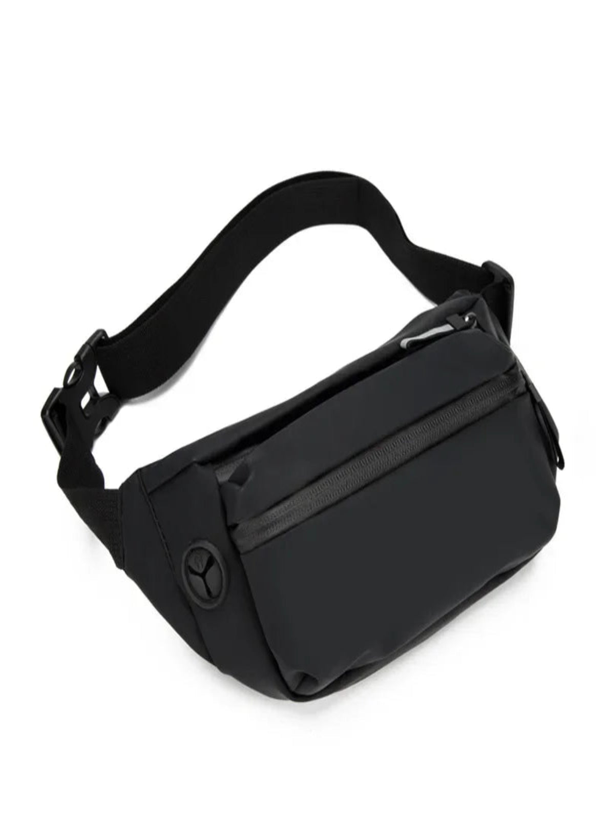 Black crossbody bag on a white background