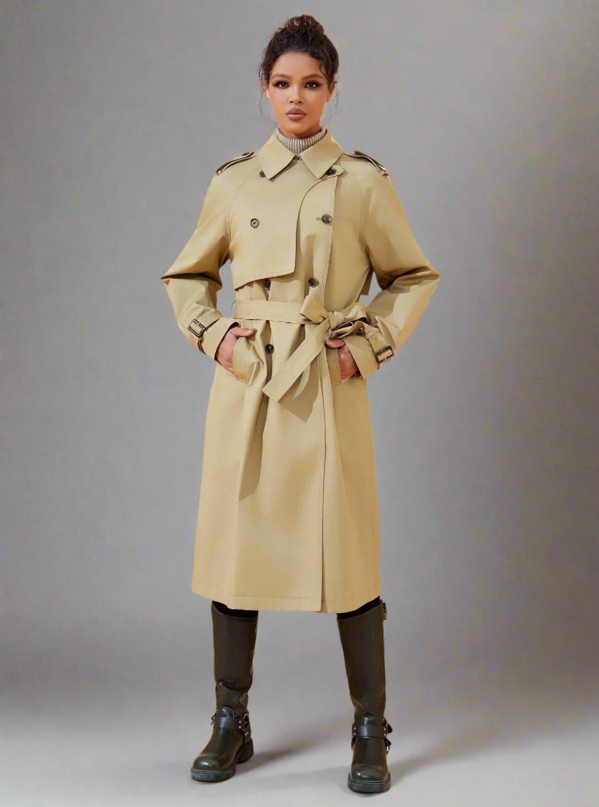 Woman wearing a beige trench coat 