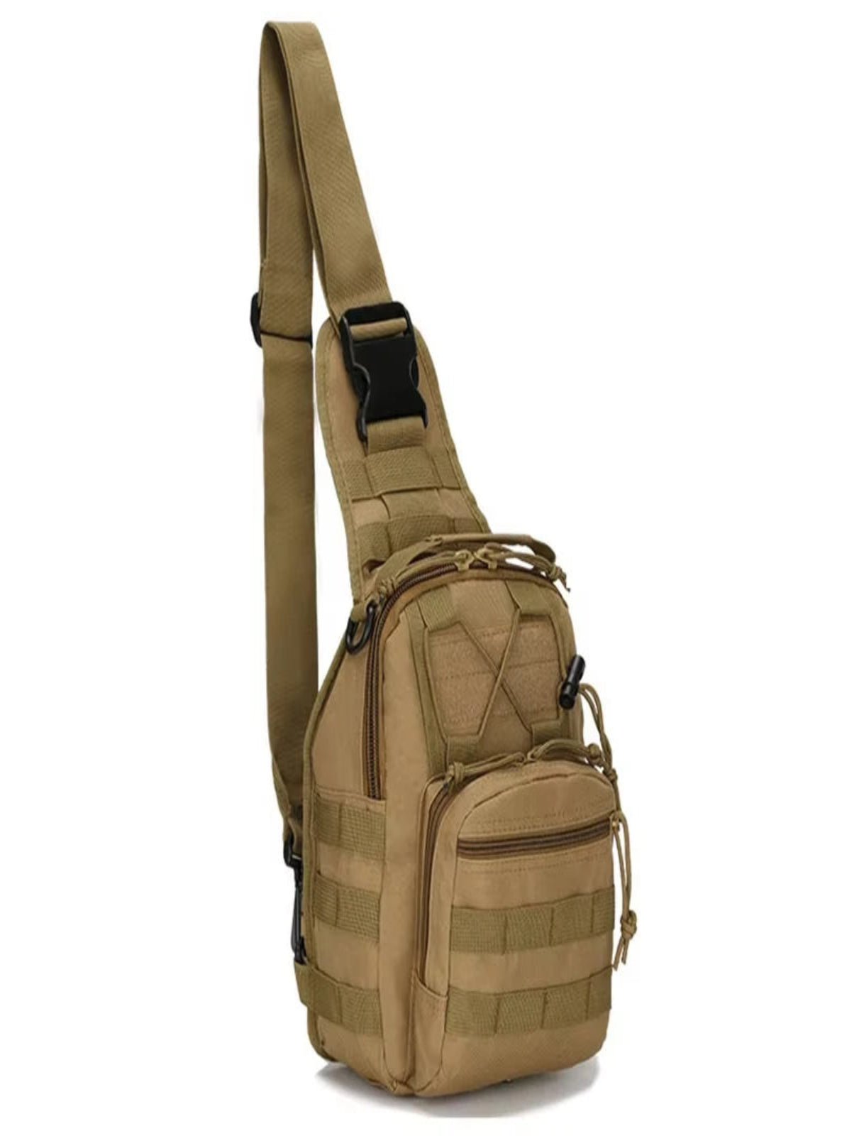 Tan sling bag with multiple pockets on a white background