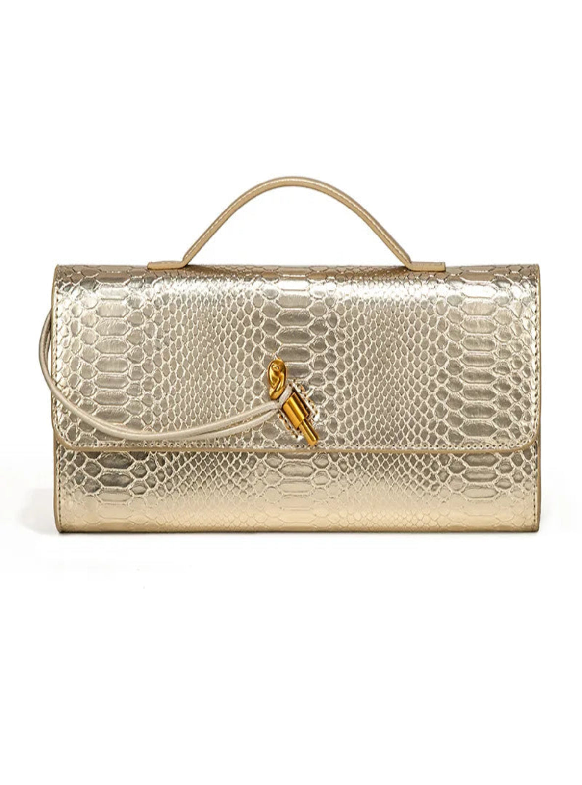 Gold clutch bag with snake skin pattern on a white background