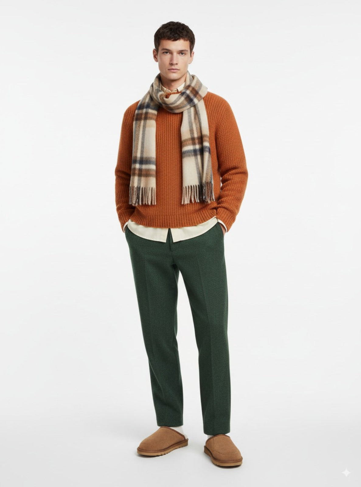 Man wearing a brown sweater, plaid scarf, green pants, and brown shoes on a white background