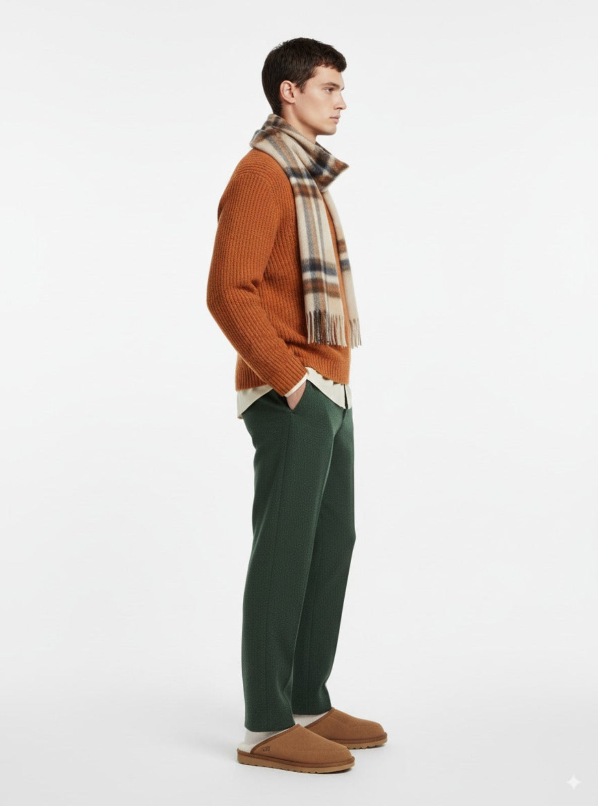 Man wearing an orange sweater, plaid scarf, green pants, and brown shoes on a white background