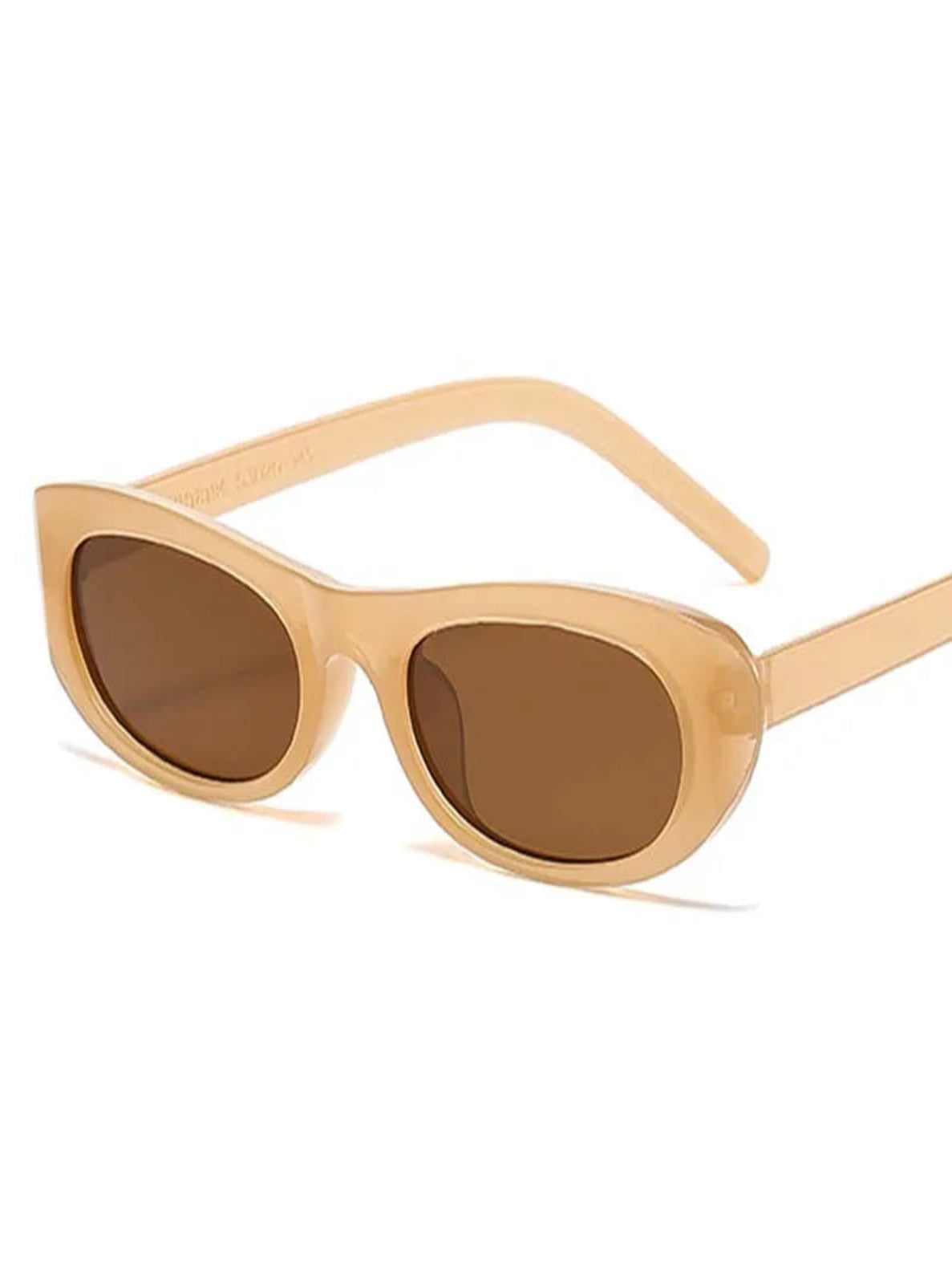 Beige sunglasses with brown lenses on a white background