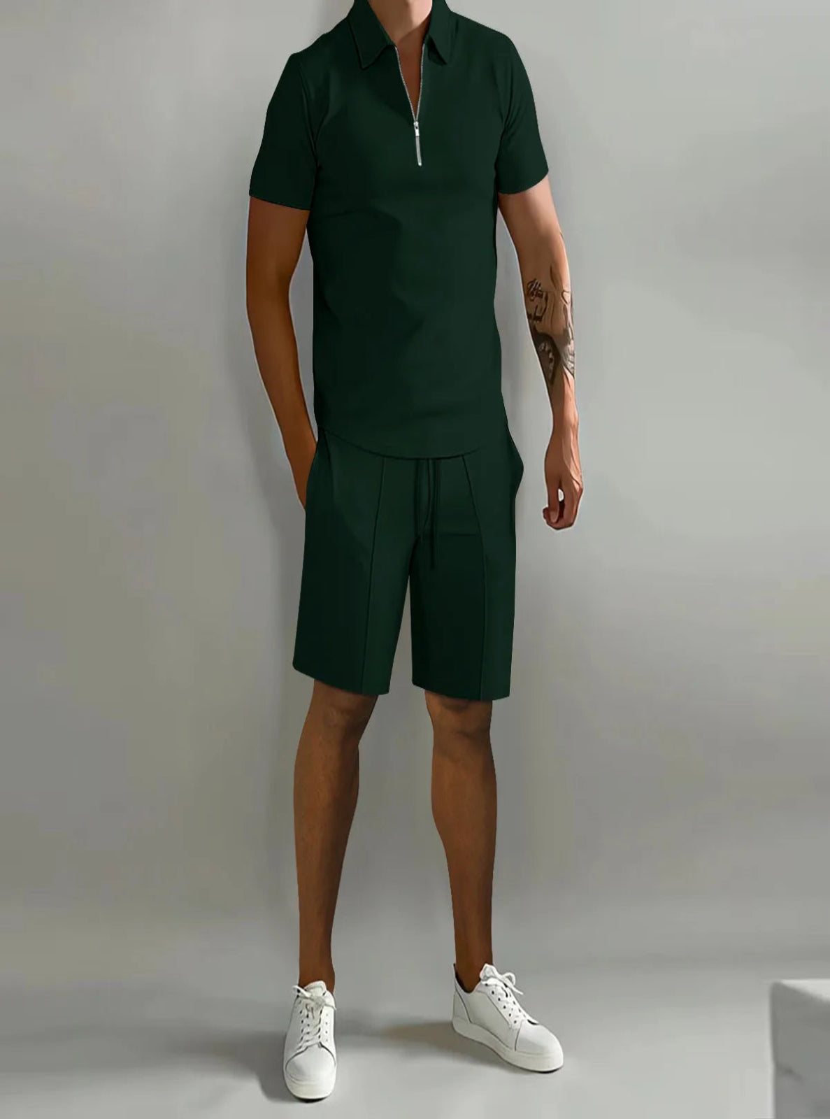 2-piece Half-zip Polo Shirt and Regular Fit Shorts Set