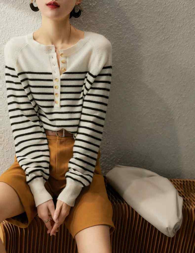 French Half Open Striped Wool Sweater