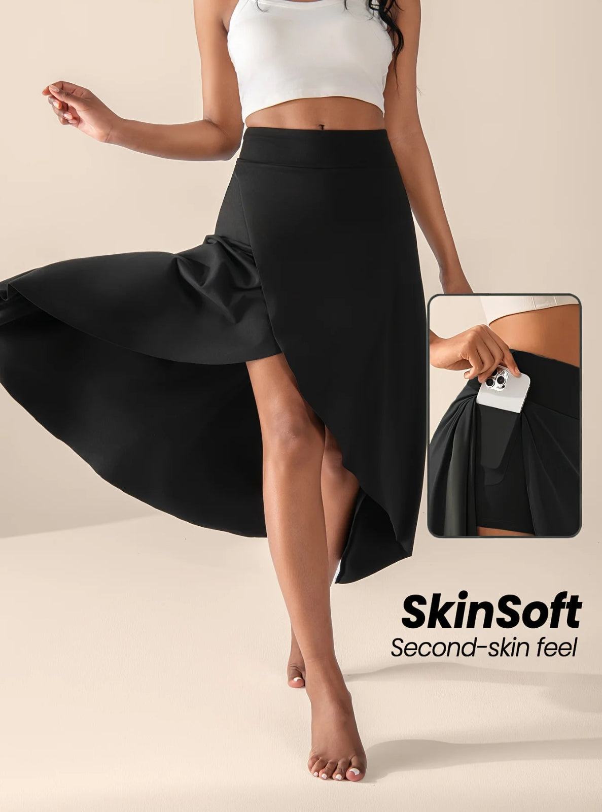 Black skirt with a close-up of a hand holding it, labeled 'SkinSoft Second-skin feel' on a beige background.