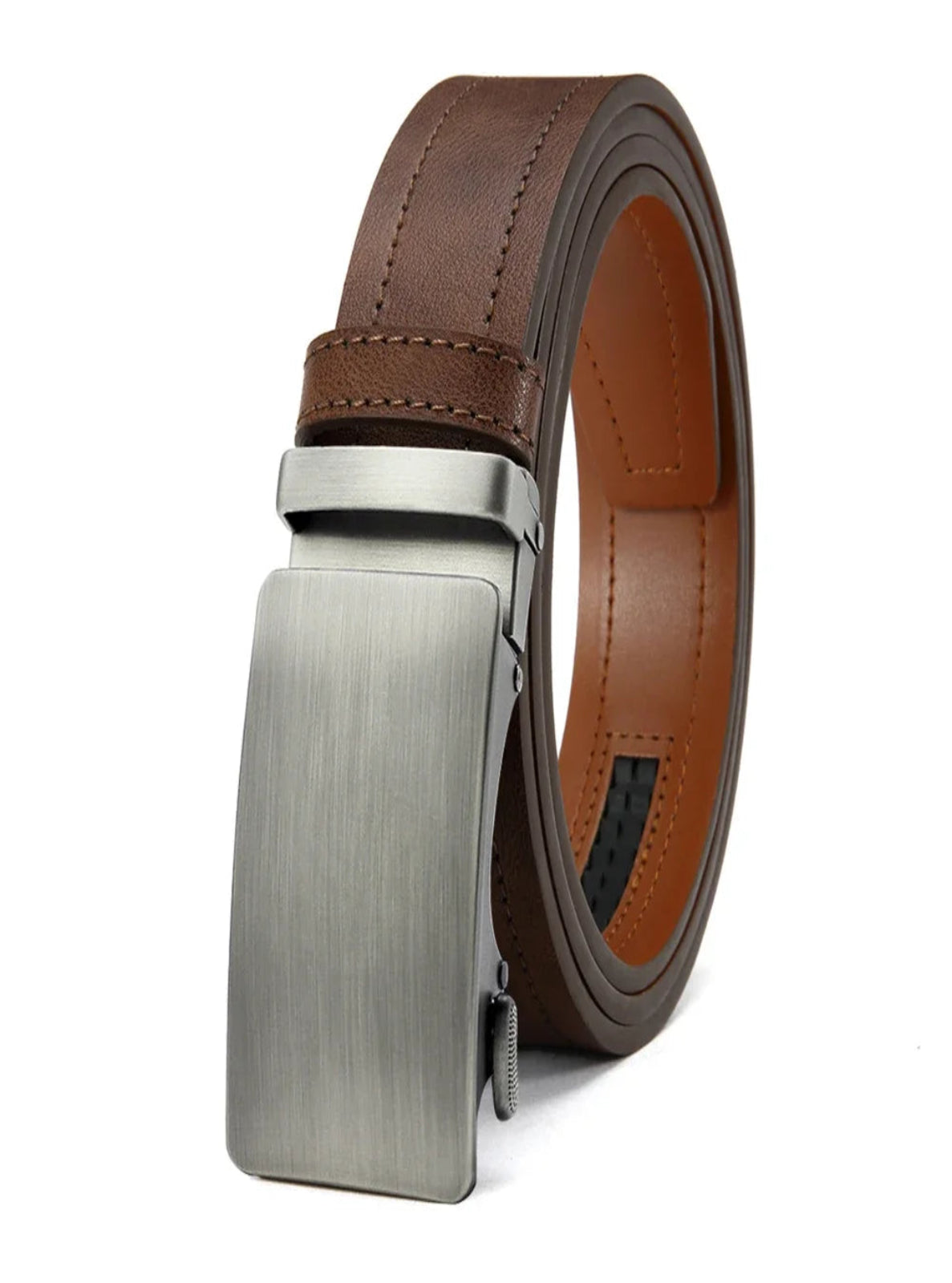 Brown leather belt with silver buckle on a white background