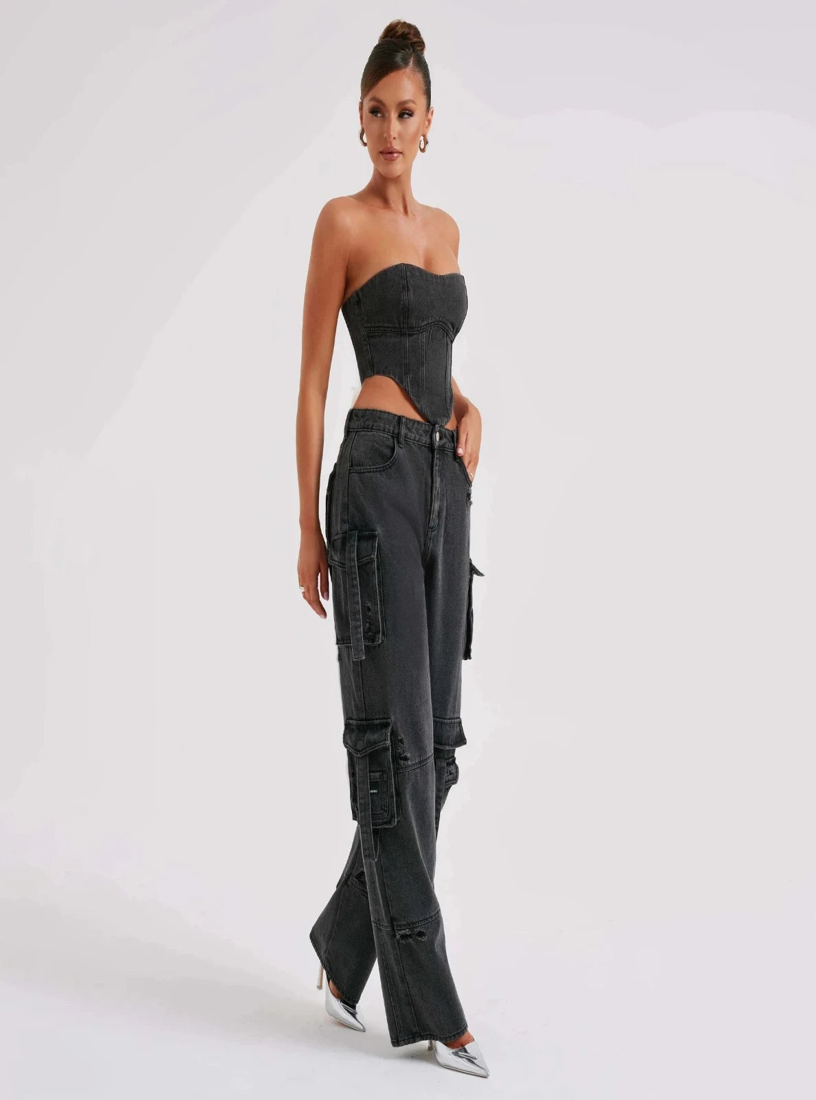 Wide-leg Denim Cargo Pants