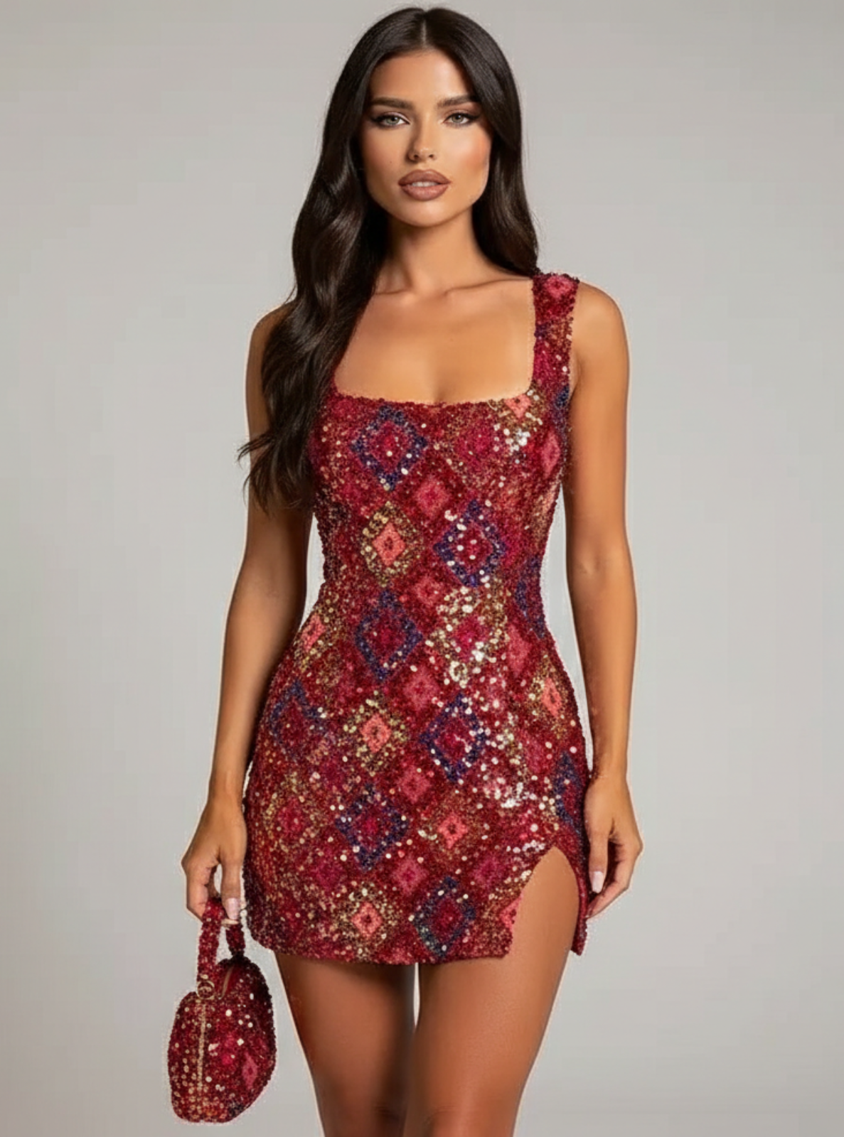 Woman wearing a red sequin dress against a gray background