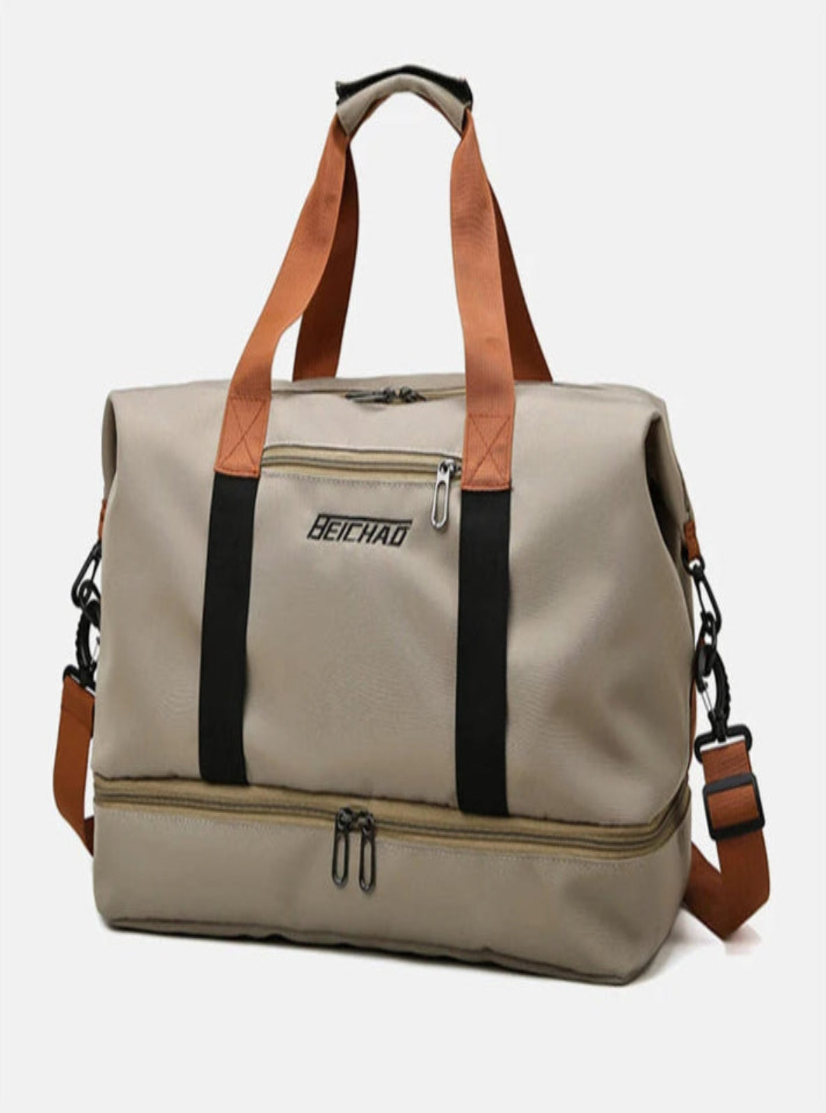 Beige crossbody bag with brown straps and black accents on a white background