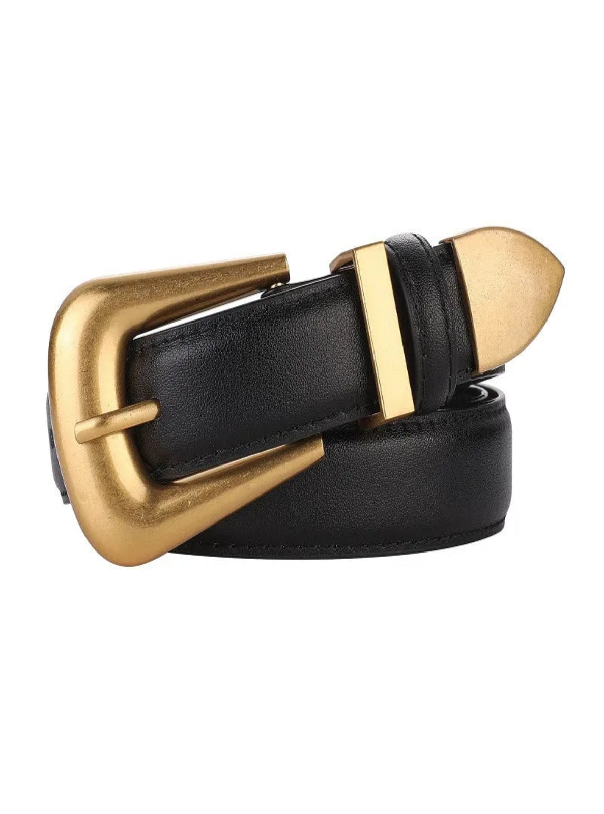 Black leather belt with a gold buckle on a white background