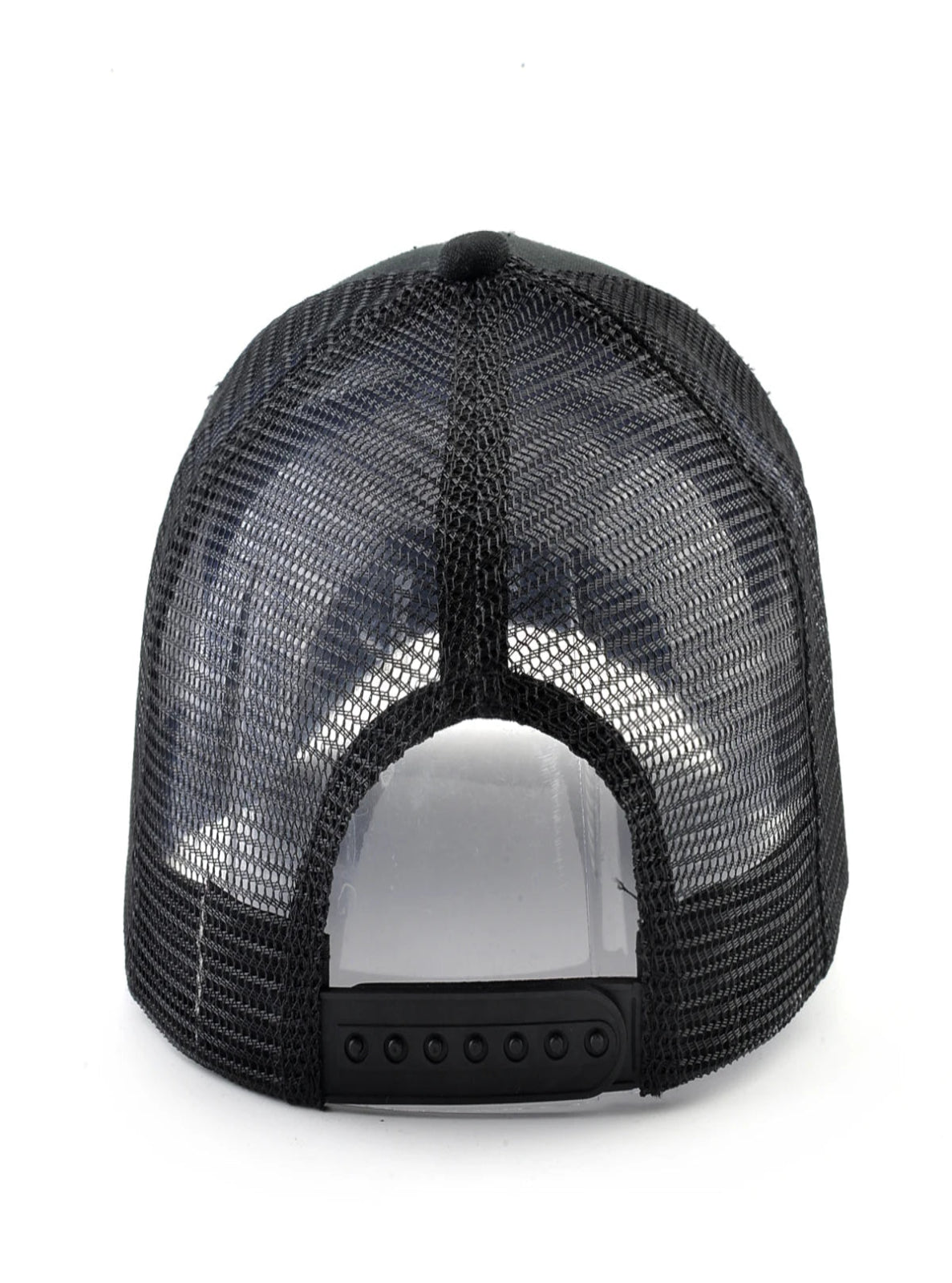 Black mesh cap with clear visor on a white background