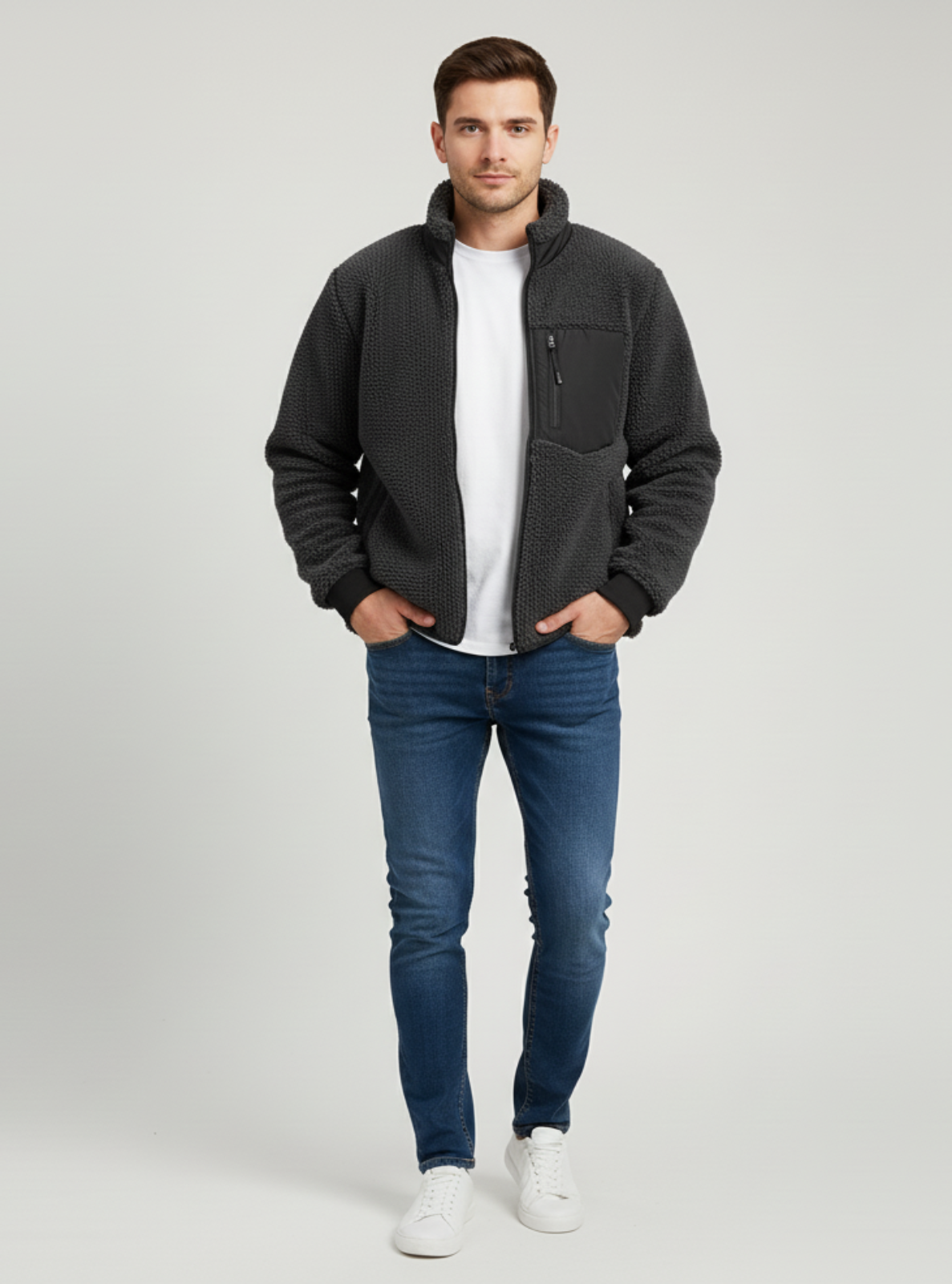 Man wearing a black jacket, white shirt, blue jeans, and white sneakers on a light gray background