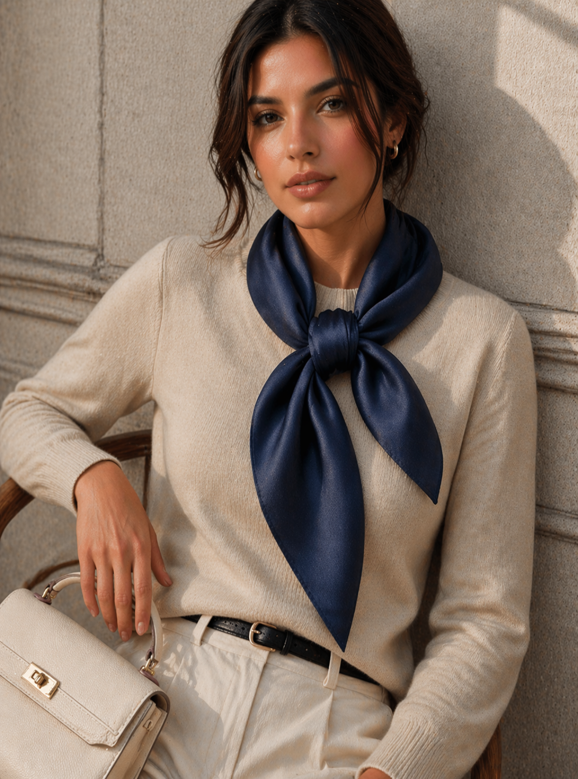 Woman wearing a navy blue scarf and holding a beige handbag against a neutral wall.